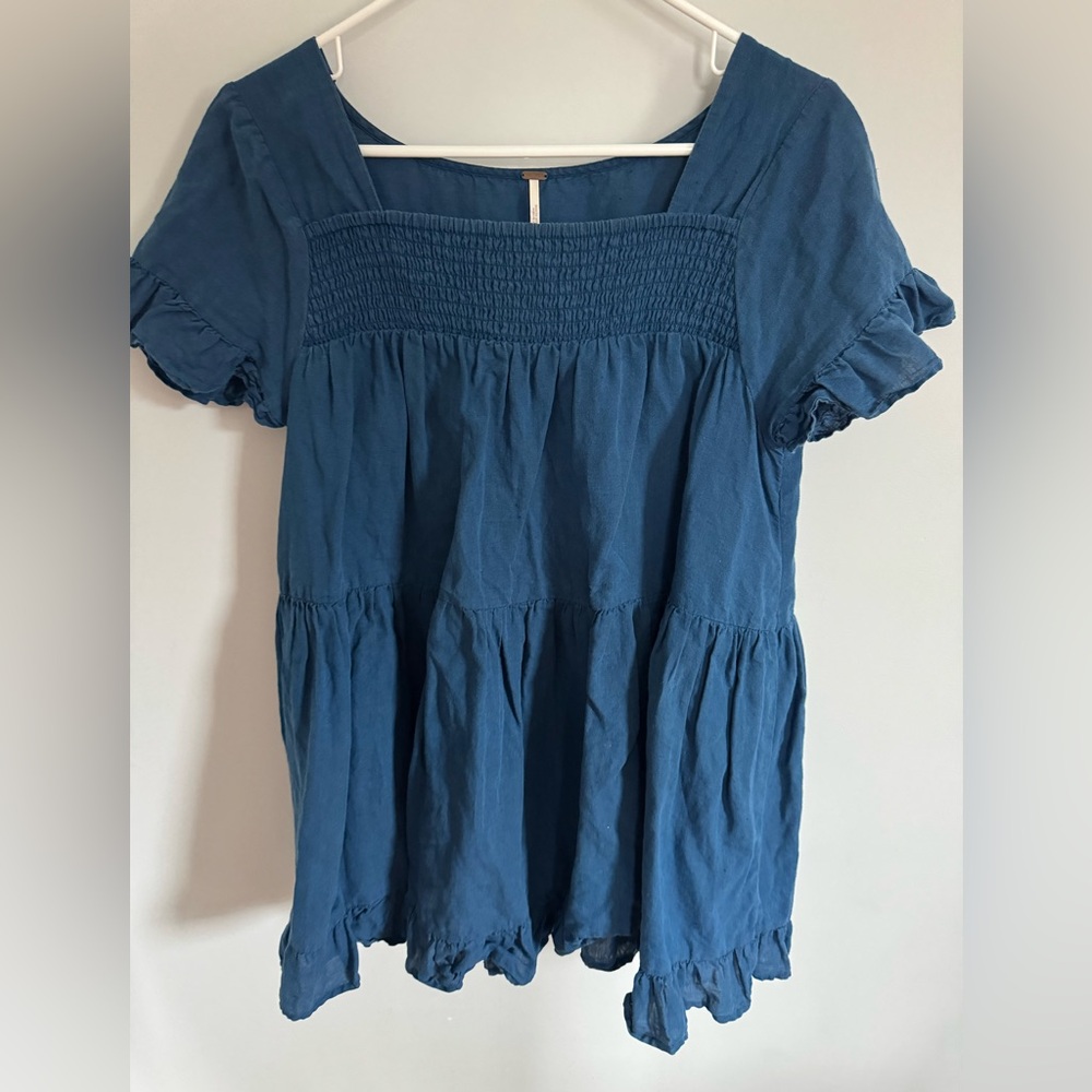 Free People Boho top teal color Hippie Festival vibes Summer peasant blouse